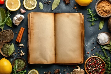 Top view of a vintage opened cookbook surrounded by some spices and herbs like 
