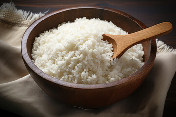 Fototapeta na wymiar Wooden Bowl Filled With Rice and Wooden Spoon