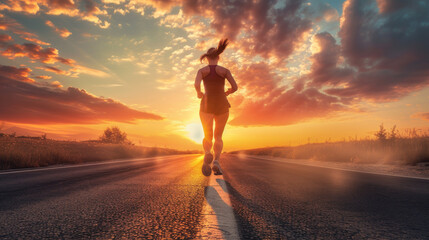 Fototapeta premium Athlete woman runner training run on the road. Morning jogging for a healthy lifestyle under the sunrise sky. Cardio exercise. Fit girl training for a marathon. Active lifestyle