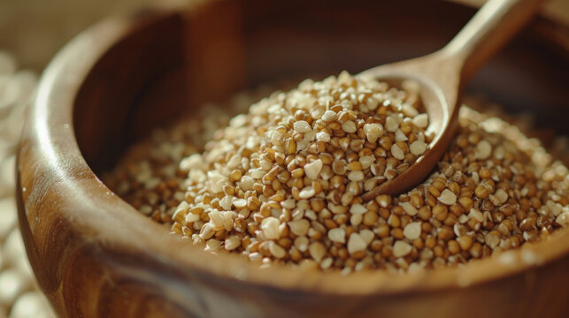 Wooden Bowl Filled With Seeds and Wooden Spoon