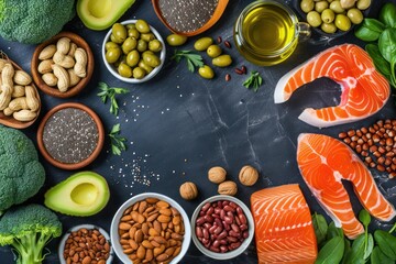Top view of an assortment of food rich in Omega-3  - obrazy, fototapety, plakaty