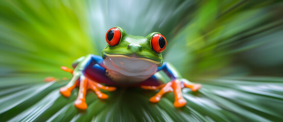 High detailed realistic green frog with red eyes sitting