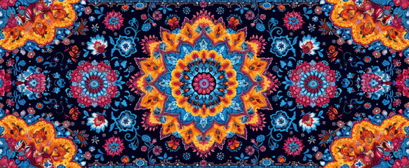 Colorful symmetrical floral pattern on a dark background