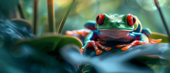 High detailed realistic green frog with red eyes sitting - obrazy, fototapety, plakaty