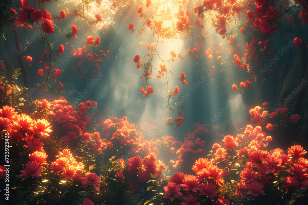 Poster flowers in the fantasy garden. god rays. background image. created with generative ai technology