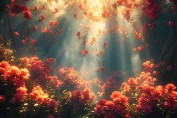 Obraz na płótnie Canvas Flowers in the fantasy garden. God rays. Background image. Created with Generative AI technology