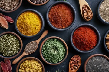 Top view of various bowls full of different types of superfoods like turmeric, flax seeds, chia, wolfberry