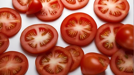 Top view of tomato slices in a white background