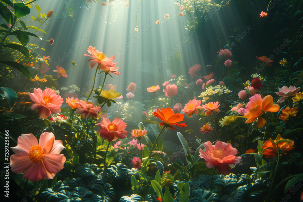 Poster flowers in the fantasy garden. god rays. background image. created with generative ai technology