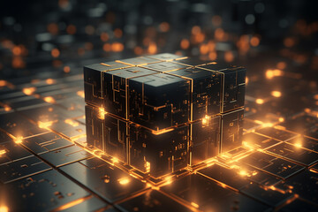 abstract cyber tech background, brown glowing binary circuit lines on 3d black cube, futuristic technology wallpaper, computer motherboard, backdrop for modern tech business presentation or banner