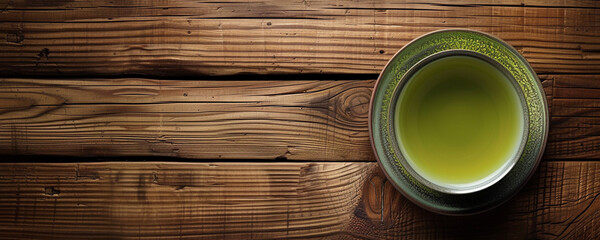 Cup of green tea on wooden table, ai technology