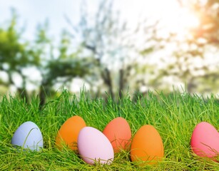 Colorful Easter Eggs on Spring Background