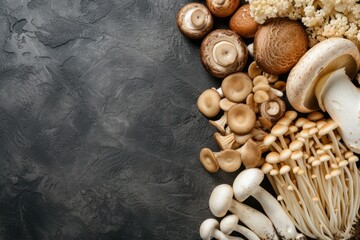 Top view of various kinds of edible mushrooms like champignon, shiitake mushroom, porcini mushroom, oyster mushroom, portobello mushroom
