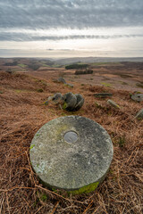 Stanage Edge millstones in the Derbyshire Peak District during winter.