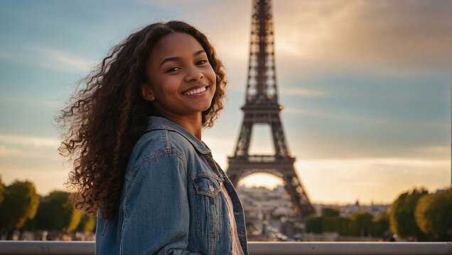 Ragazza afro-americana sorride felice davanti alla Torre Eiffel al tramonto durante una vacanza a Parigi