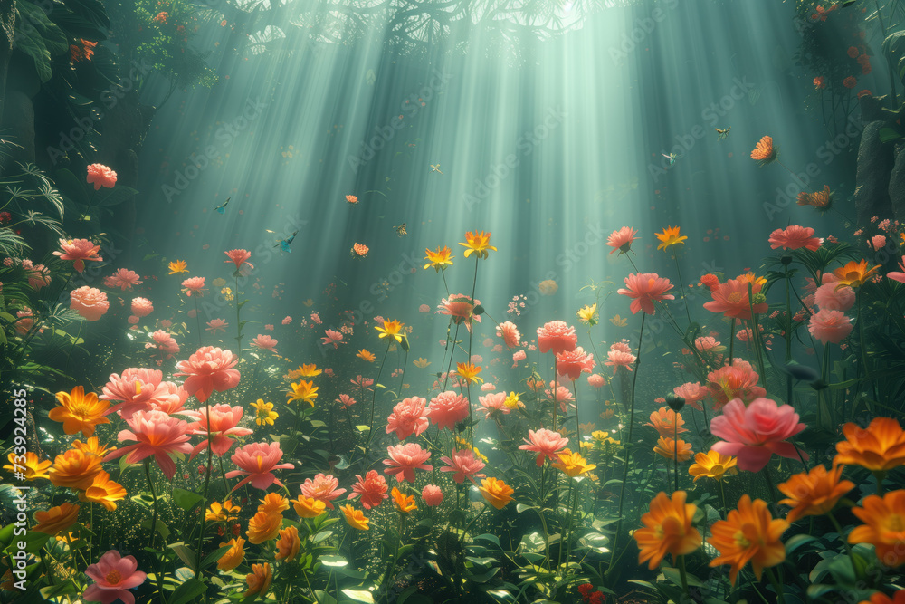 Poster flowers in the fantasy garden. god rays. background image. created with generative ai technology