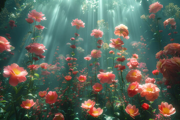 Fototapeta na wymiar Flowers in the fantasy garden. God rays. Background image. Created with Generative AI technology