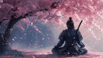 Reflective Samurai Amidst Falling Cherry Blossoms
