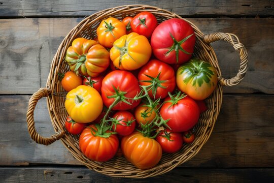 Top view of various kinds of tomatoes on a basket against a rustic wooden table. The basket is at the center of the image.