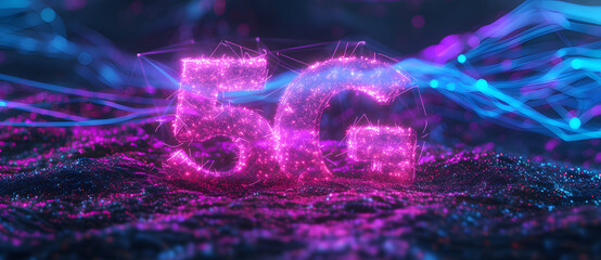 5G global network technology communication on glowing purple wavy background