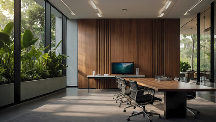 A contemporary meeting conference room in a modern office setting, highlighting wooden wall elements, beautiful office furniture, and a backdrop of lush gardens visible through expansive window views.