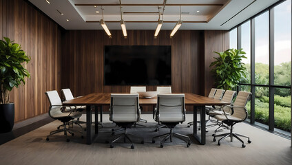Fototapeta na wymiar A contemporary meeting conference room in a modern office setting, highlighting wooden wall elements, beautiful office furniture, and a backdrop of lush gardens visible through expansive window views.