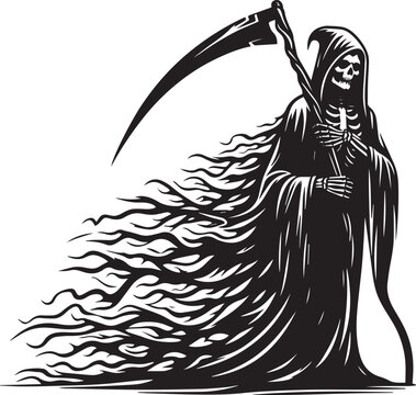 Grim Reaper silhouette. Angel of Death. death taker. Image of death in black clothes with a scythe in the center, black hood.