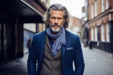 Fototapeta na wymiar Handsome middle-aged man with long gray hair and beard wearing a blue coat and scarf on a city street