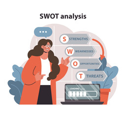 Market penetration concept. A professional woman deciphers business potential using SWOT analysis. Balancing strengths, weaknesses, opportunities, threats. Comprehensive review. vector illustration.
