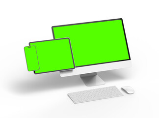 3D Render of smartphone tablet desktop with green screens on a light background