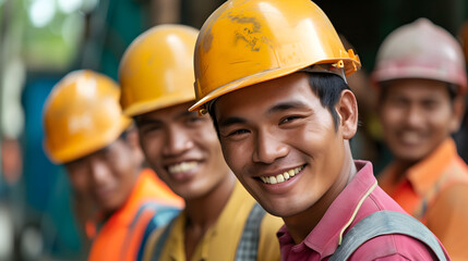 A Group of Smiling Construction Workers: Teamwork at the Construction Site, AI Generative
