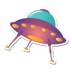 Space sticker of colorful set. This whimsical sticker-style illustration feature a cartoon design of an alien ship against a pristine white background. Vector illustration.