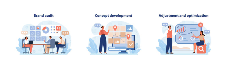 Brand Audit and Development Set. Detailed illustrations capturing the essence of brand evaluation, innovative concept creation, and strategic adjustments. Flat vector illustration.