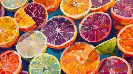 A colorful assortment of sliced citrus fruits - oranges, lemons, and limes - arranged on a platter, their vibrant colors and tangy aromas ready to refresh and invigorate - obrazy, fototapety, plakaty