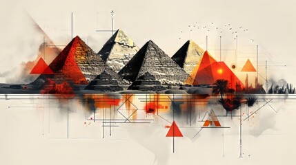 Egyptian pyramids.  double exposure contemporary style minimalist artwork collage illustration. Ai generative.