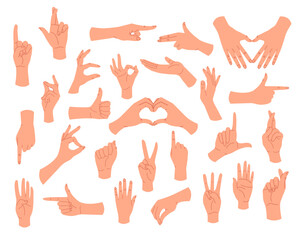 A set of different human hand gestures. Sign language. Gestures and communication. Clenched fists, crossed fingers, welcoming palms. Vector graphic illustration isolated on a white background