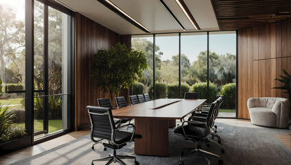 A contemporary meeting conference room within a modern office, featuring wooden wall accents, beautiful office furniture, and a garden view through expansive window glass.
