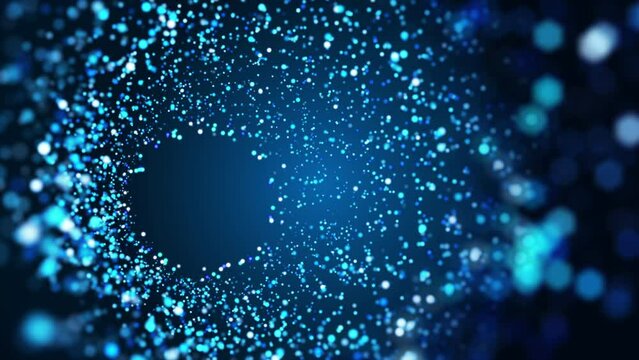 Motion of glowing blue blurred particles on dark background. Circular abstract animation, looped motion graphics.