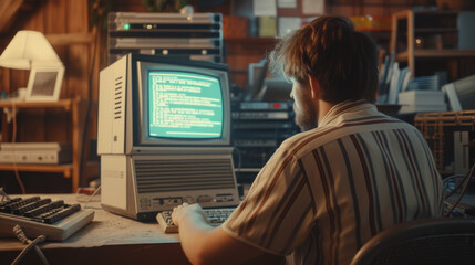 Caucasian Male Hardware Engineer Programming On Old Desktop Computer In Retro Garage. Experienced...