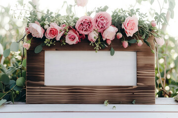 Wooden Frame With Pink Flowers and Greenery