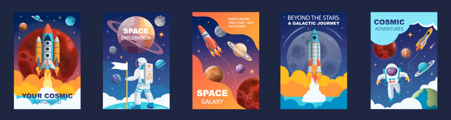 Background design with many planets in space illustration. Space icon set and astronaut