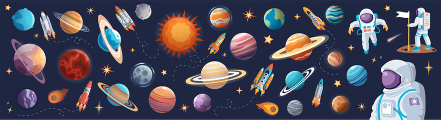 Background design with many planets in space illustration. Space icon set and astronaut - obrazy, fototapety, plakaty