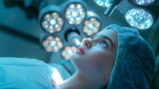 Young beautiful lady patient wake up after surgery in operating room in hospital . Cosmetic surgical concept .