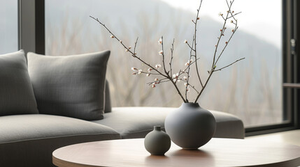 Close up of ceramic vase with blossom twigs on round wooden coffee table against grey sofa and window. Minimalist home interior design of modern living room 
