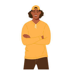 A young smiling African American man with crossed arms in a fashionable flat style. A male character with a baseball cap. Posing. Vector graphic illustration isolated on a white background