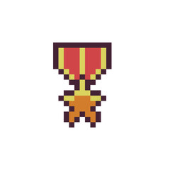 Military gold medal star icon with red, blue ribbon pixel art icon. Army award. Flat style. Cartoon style. Military symbol for web and mobile. Flat style. 8-bit. Isolated vector illustration.