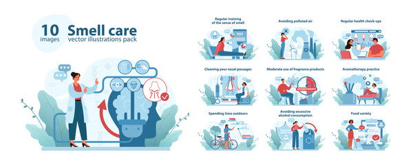 Smell Care Concept set. Promoting olfactory health through various activities. Collection showcases techniques for maintaining and enhancing the sense of smell. Flat vector illustration.