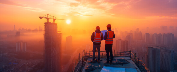 Fototapeta premium Workers holding blueprints and looking on the construction of buildings. Engineering and industry concept.