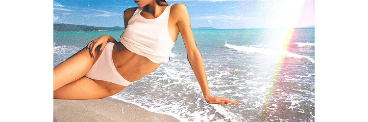 Fototapeta premium Banner. Female body, young woman in underwear lying by sea. Promotional content for luxury seaside resort, focusing on relaxation and elegance. Creative conceptual design. Travelling, meditation