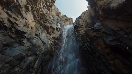 Majestic Waterfall View: Captivating Low Angle Shot from Below for Nature Enthusiasts
